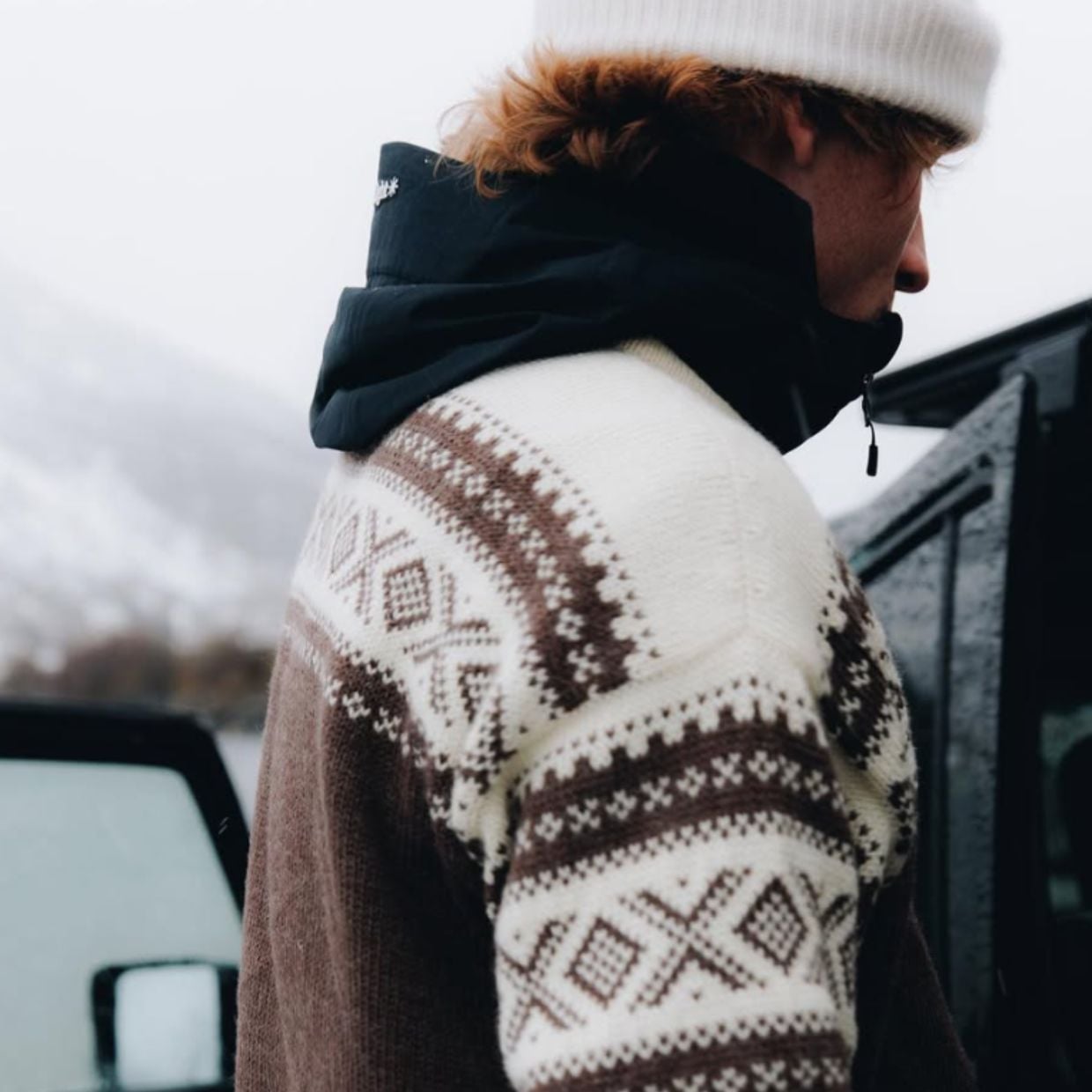 Brown and white knitted Cortina sweater worn by Norwegian &Aring;dne Birkeland
