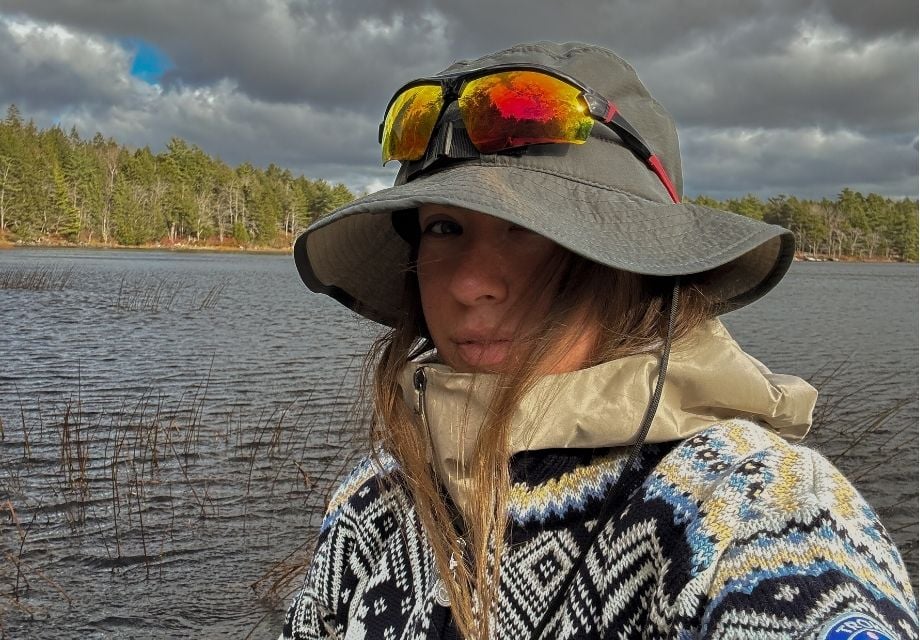 Jodi Rubicheau wearing 2025 Trondheim Women's Wool Sweater during autumn in Nova Scotia Canada