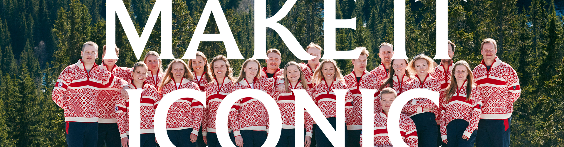 Norwegian alpine ski team wearing the red Team Norway Cortina wool sweater, standing together in a forested landscape, with the text “Make it Iconic”