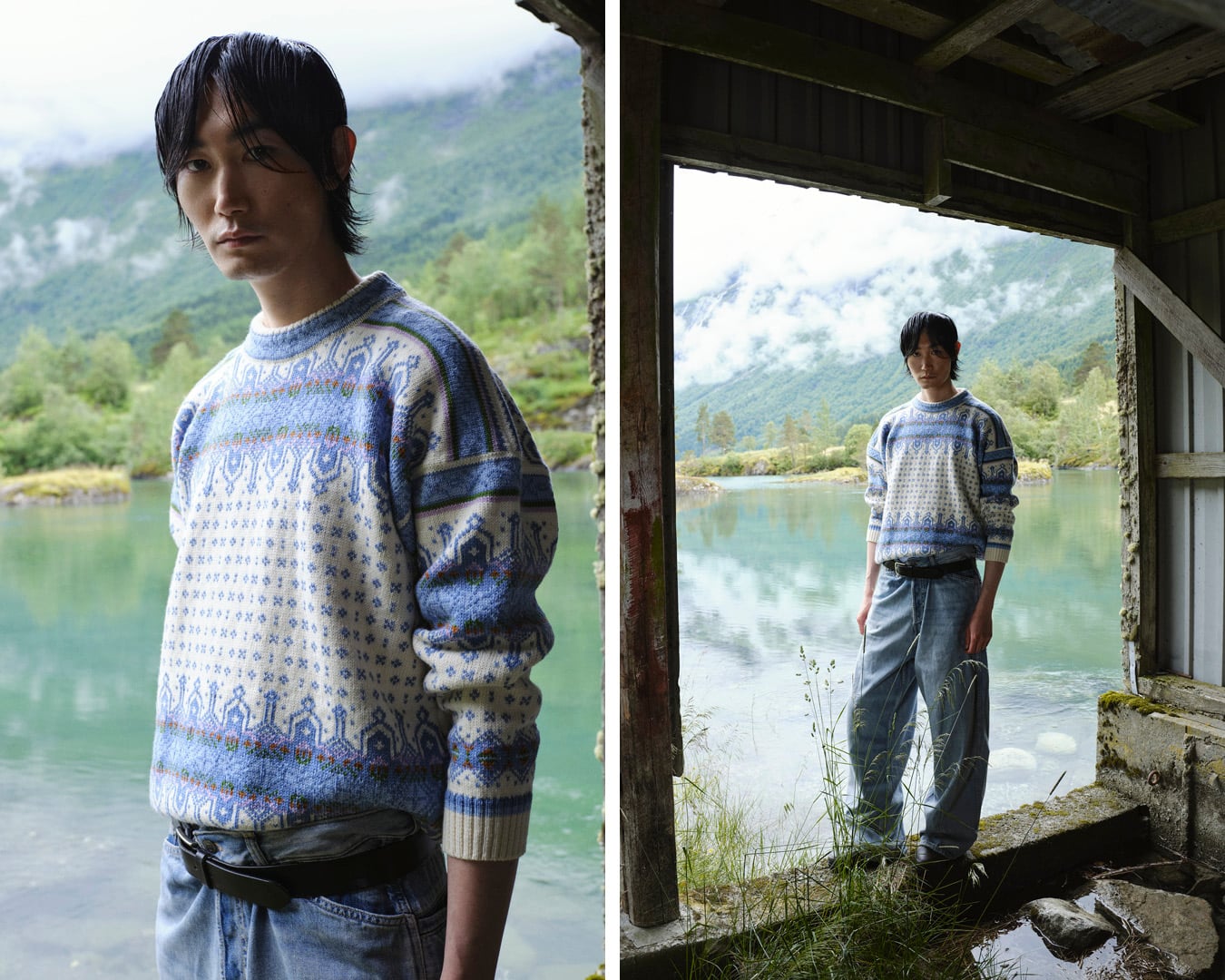 Albertville sweater from Dale of Norway in blue and white Norwegian pattern, shown in close-up and full-length by a mountain lake